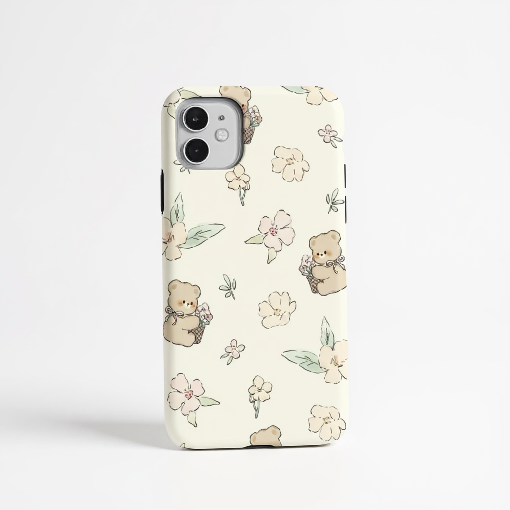 Charming Bear and Floral Pattern Tough Phone Case