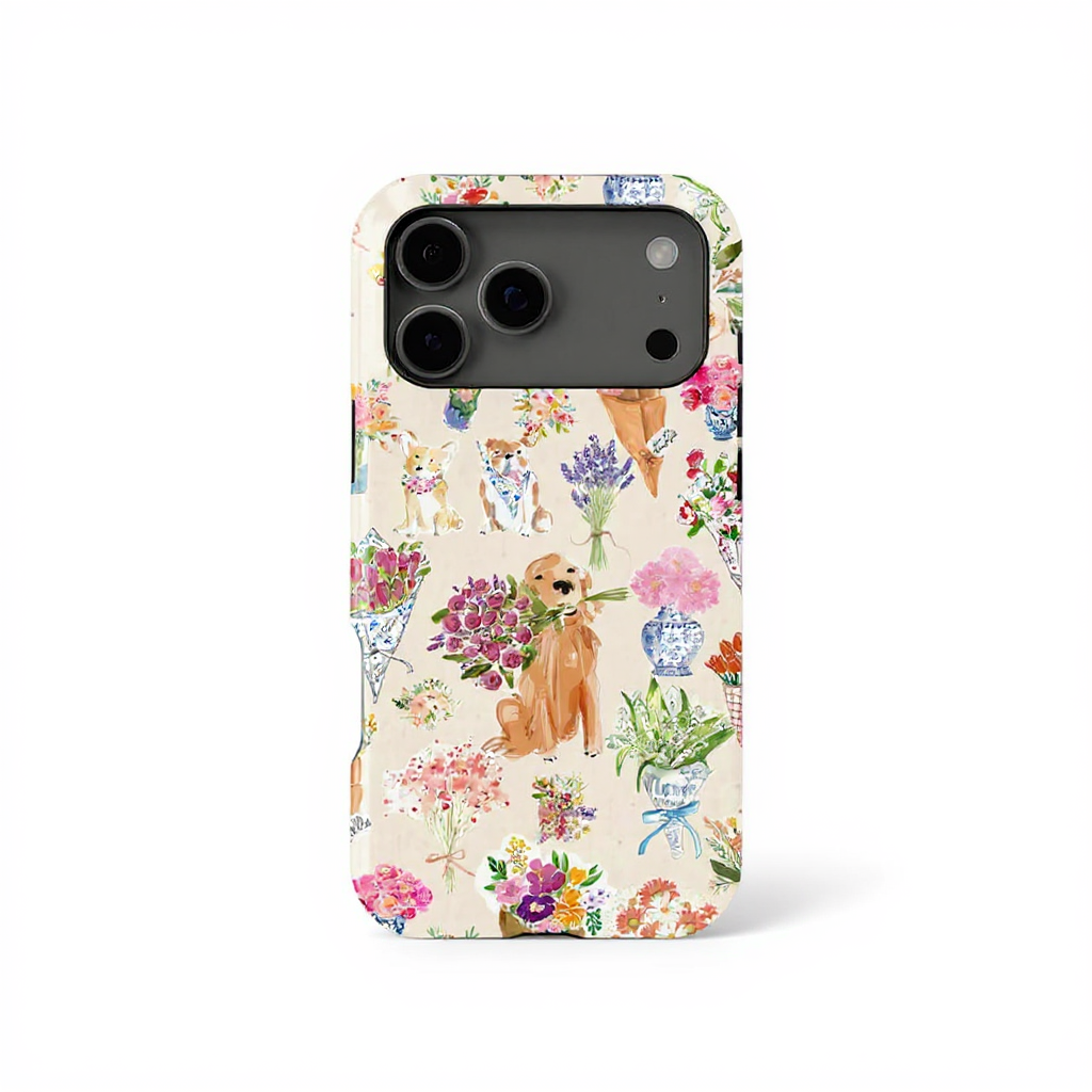 Charming Floral and Dog Design Tough Phone Case