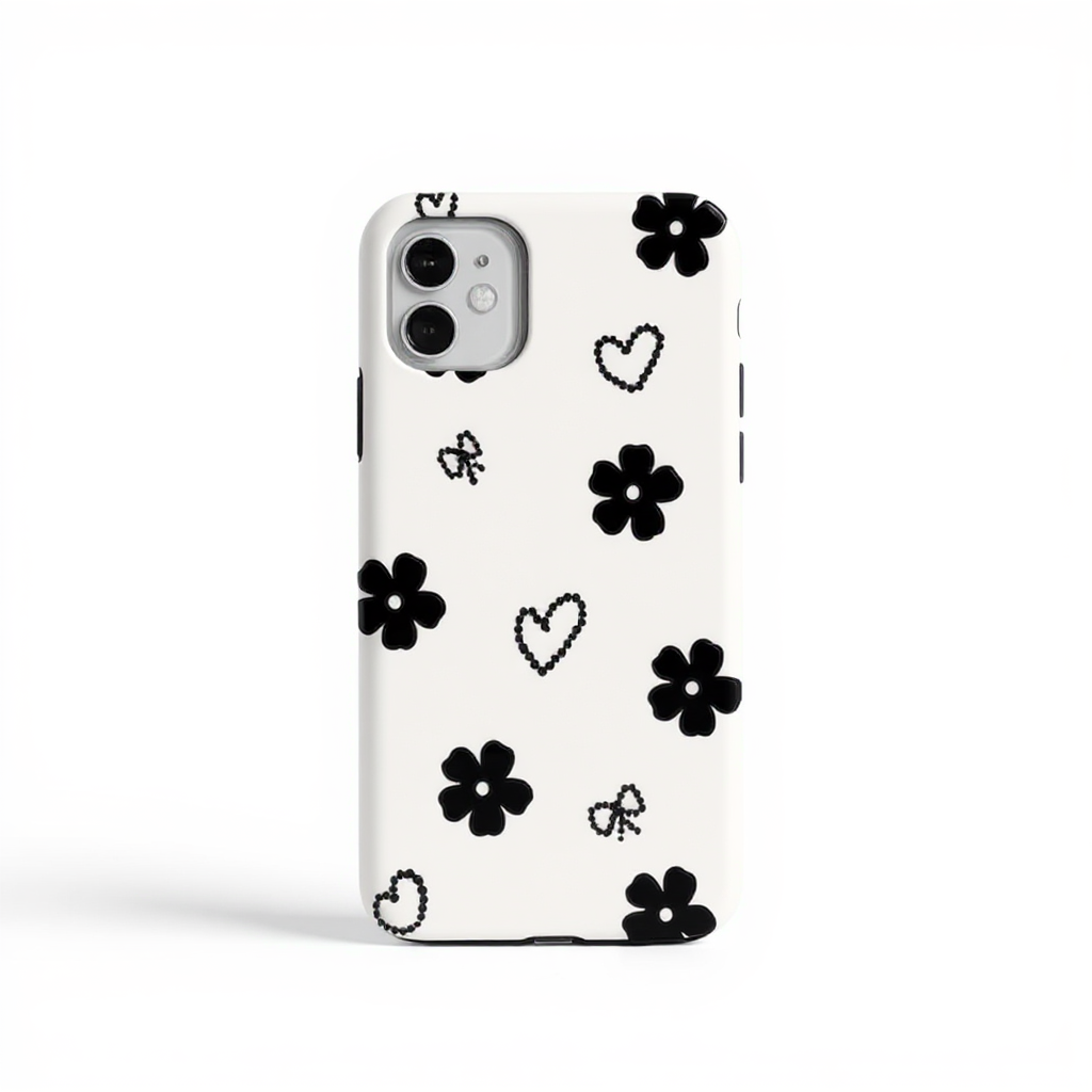 Chic Black Flower and Heart Pattern Tough Phone Case