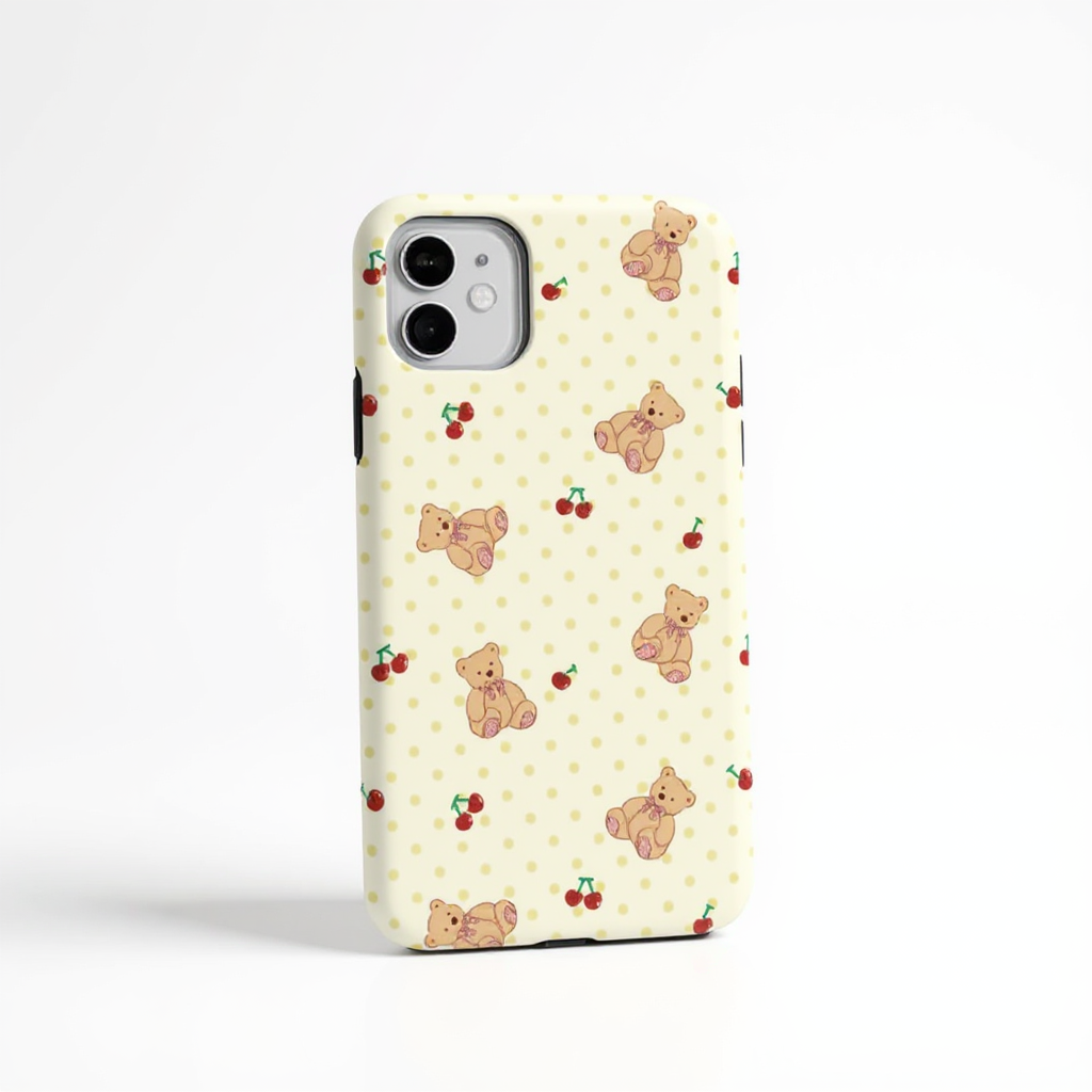 Cute Teddy Bear and Cherry Pattern Tough Phone Case