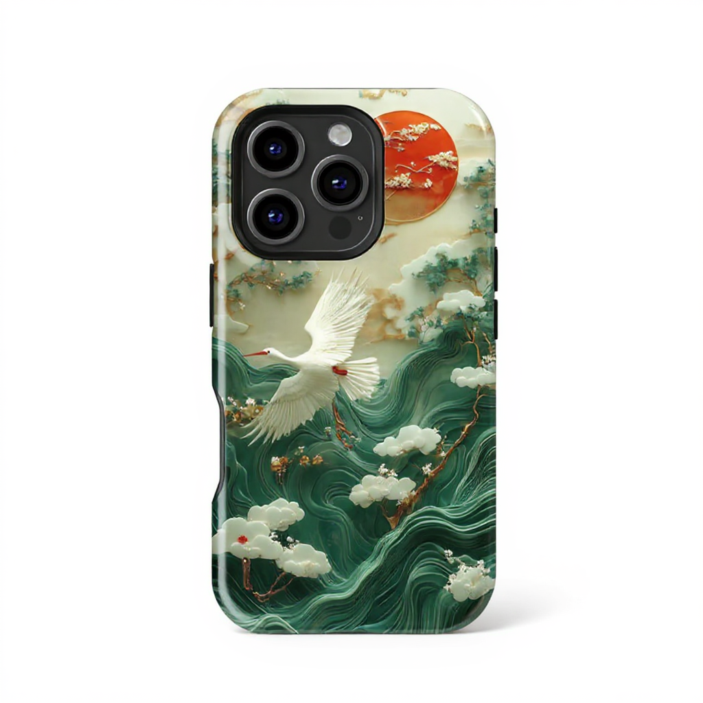 Elegant Crane and Waves Art Tough Phone Case