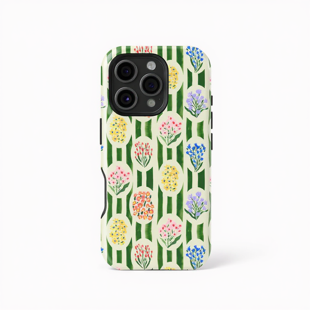 Floral Patterned Green Stripes Tough Phone Case