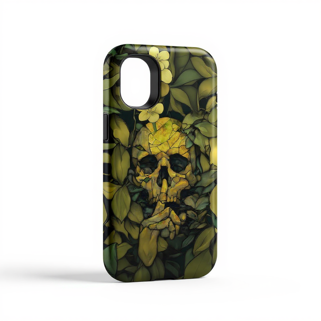 Moody Skull and Green Leaves Tough Phone Case