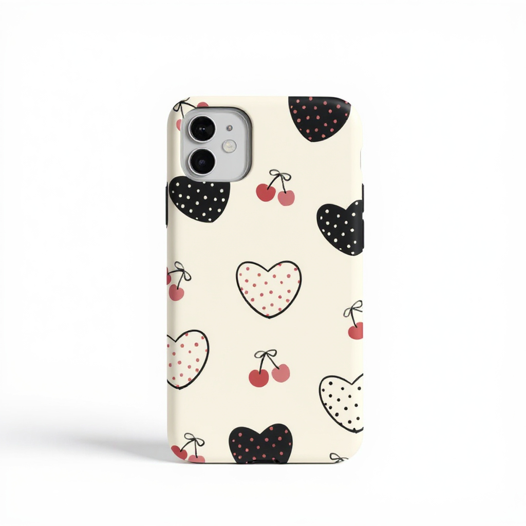 Playful Cherry and Heart Print Tough Phone Case
