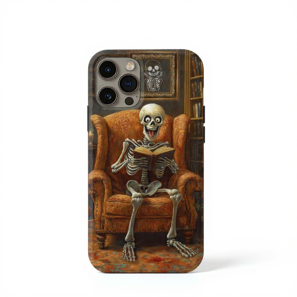Playful Skeleton Reading in Cozy Armchair Tough Phone Case