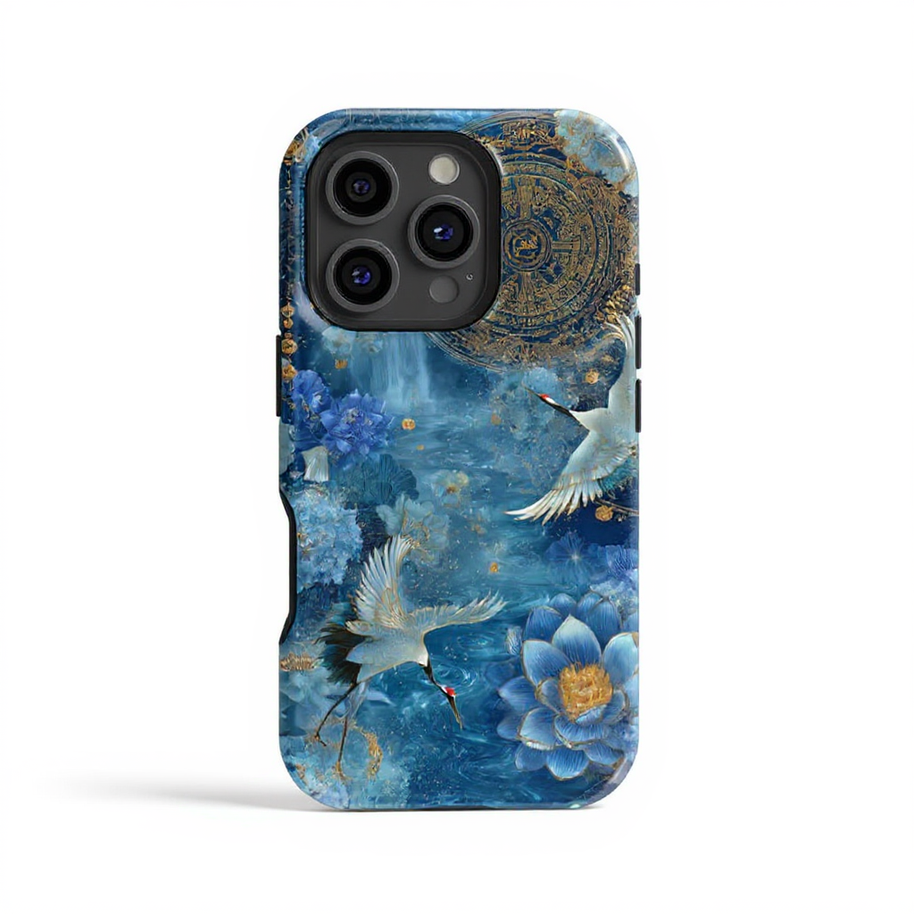 Serene Blue Crane and Lotus Floral Tough Phone Case