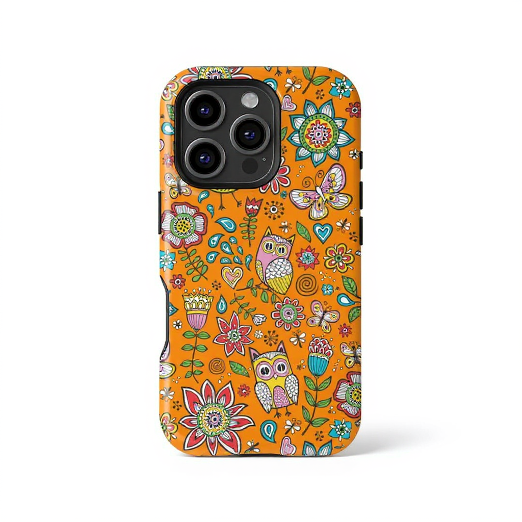 Vibrant Floral and Owl Pattern Tough Phone Case