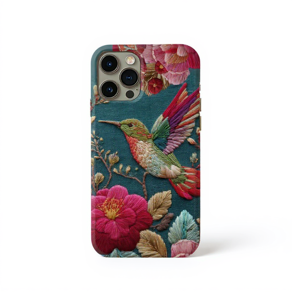 Vibrant Hummingbird Floral Embroidery Tough Phone Case