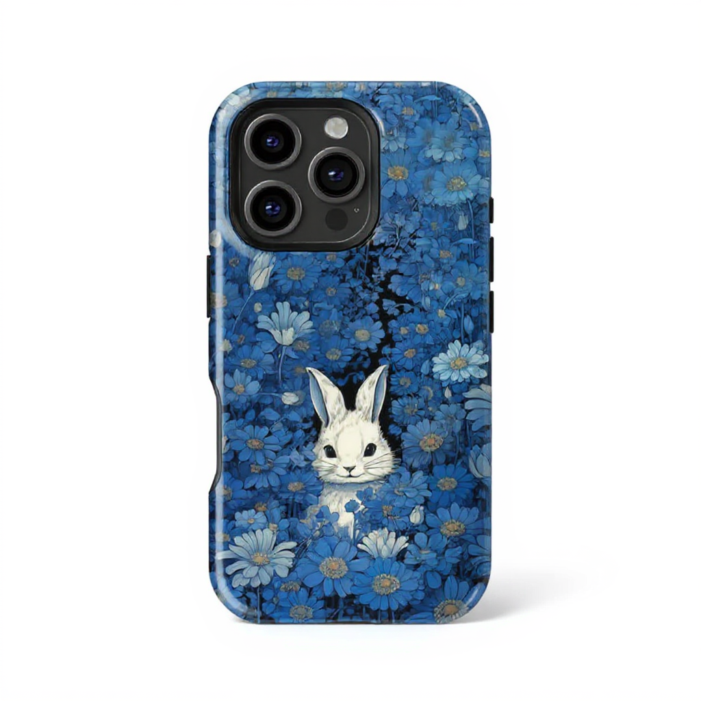 Whimsical Blue Floral Rabbit Tough Phone Case