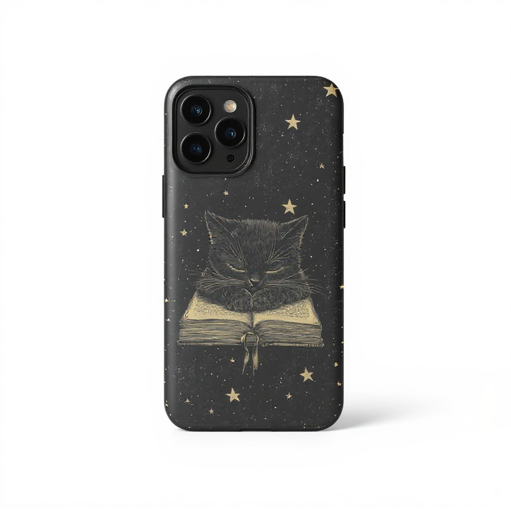 Whimsical Cat on Book with Stars Tough Phone Case
