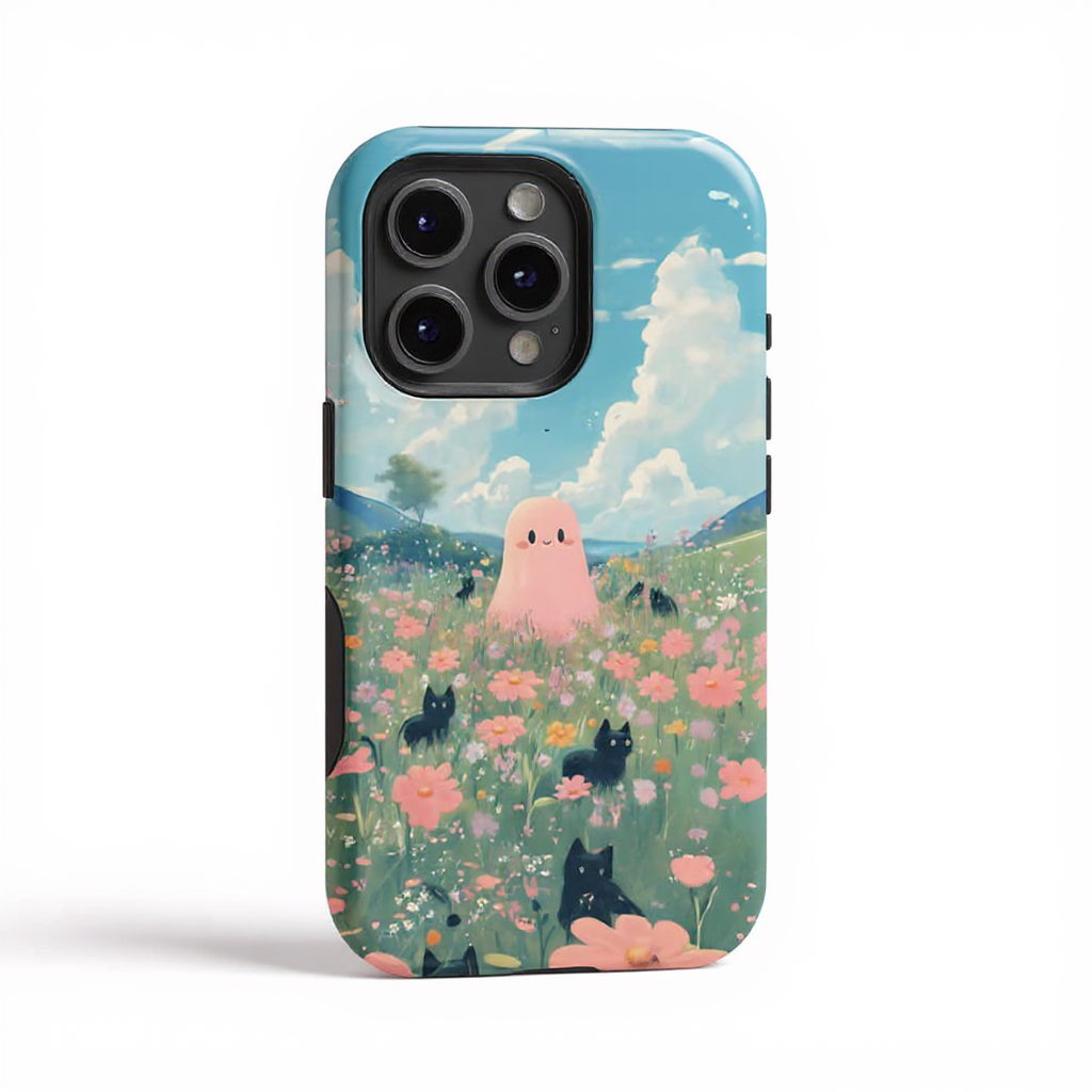 Whimsical Pink Ghost in Flower Field Tough Phone Case